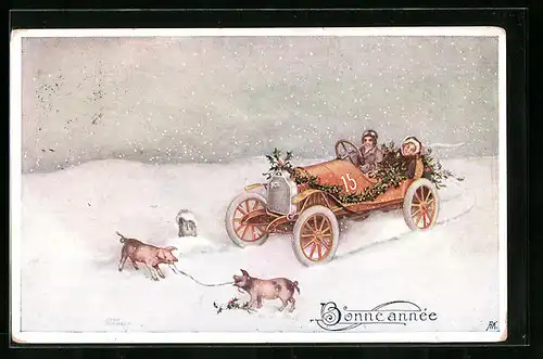 Künstler-AK sign. Erwin Granner: Liebespaar im Auto durch den Schnee fahrend, Schweine ziehen an einem Schleifenband