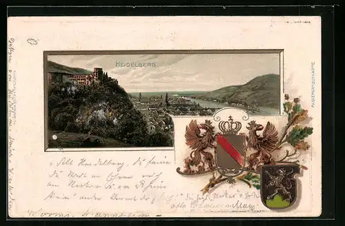 Passepartout-Lithographie Heidelberg, Panorama mit Wappen