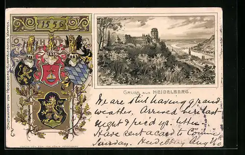 Passepartout-Lithographie Heidelberg, Totalansicht mit Wappen
