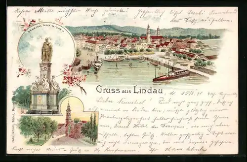 Lithographie Lindau, Ortsansicht und Denkmal Maximilian II