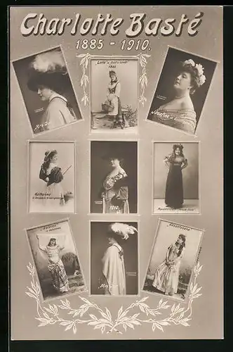AK Schauspielerin Charlotte Bastè, Neun Bilder von ihr aus verschiedenen Stücken (1885-1910)