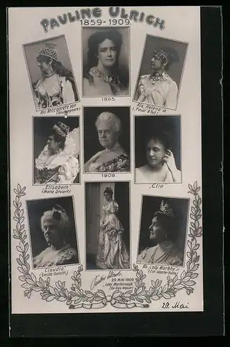 AK Schauspielerin Pauline Ulrich, Neun Bilder von ihr aus verschiedenen Stücken (1859-1909)