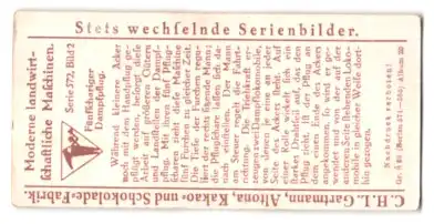 Sammelbild Gartmann Schokolade, Serie: 572, Bild 2, Moderne landwirtschaftliche Maschinen, fünfschariger Dampfpflug