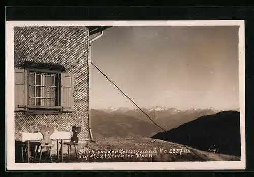 AK Hellerjochhütte, Blick von der Berghütte auf die Zillertaler Alpen