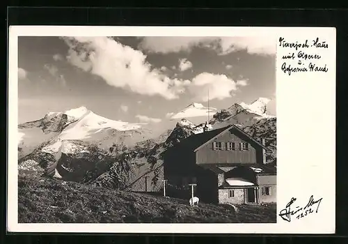 AK Tuxerjochhaus, Berghütte mit Olperer und Gefrorner Wand, Zillertaler Alpen