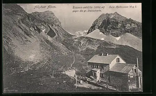 AK Rappenseehütte, Berghütte gegen die gr. Steinscharte, Heilbronner Weg, Allgäuer Alpen