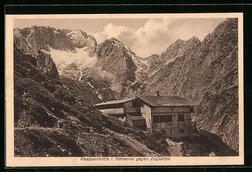 AK Knappenhütte, Berghütte i. Höllental gegen Zugspitze