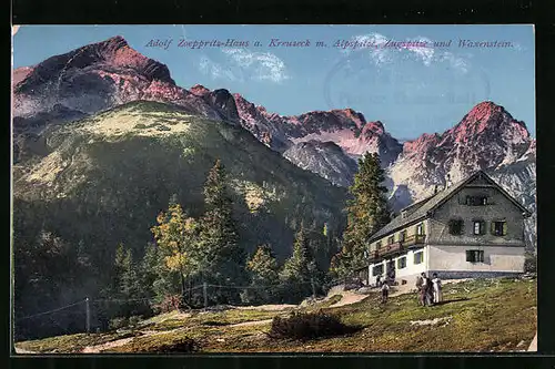 AK Adolf Zoeppritz-Haus, Berghütte a. Kreuzeck mit Alpspitze, Zugspitze und Waxenstein