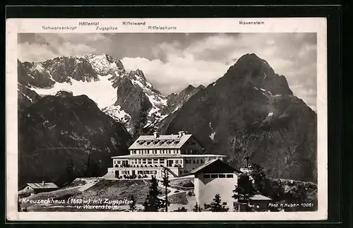 AK Kreuzeckhaus, Berghütte mit Zugspietze, Waxenstein u. Riffelwand