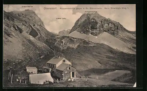 AK Rappenseehütte, Berghütte gegen d. Gr. Steinscharte mit Rotgrundspitze, Hochgrundspitze und Hohem Licht, Biberkopfweg