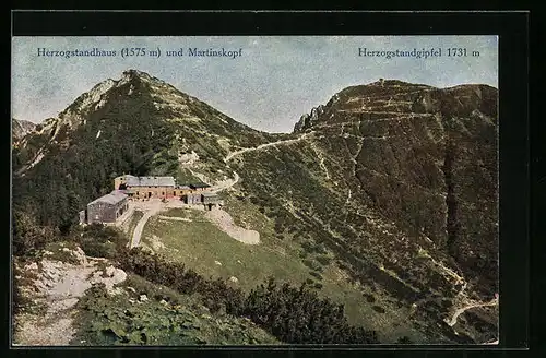 AK Herzogstandhaus, Berghütte und Martinskopf mit Herzogstandgipfel