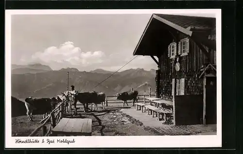 AK Hörndlhütte, Berghütte b. Bad Kohlgrub und Mann mit Kühen