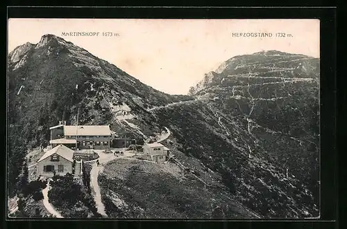 AK Herzogstand-Haus, Berghütte mit Martinskopf und Herzogstand