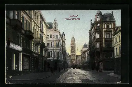 AK Krefeld, Rheinstrasse mit Geschäften