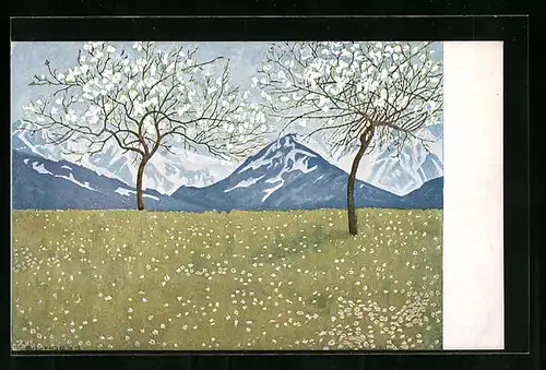 Künstler-AK Eugen Ludwig Hoess: Frühlingslandschaft in den Alpen