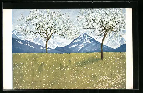 Künstler-AK Eugen Ludwig Hoess: Frühlingslandschaft in den Alpen