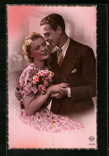 Foto-AK Bleuet Paris: Liebespaar mit Blumenstrauss