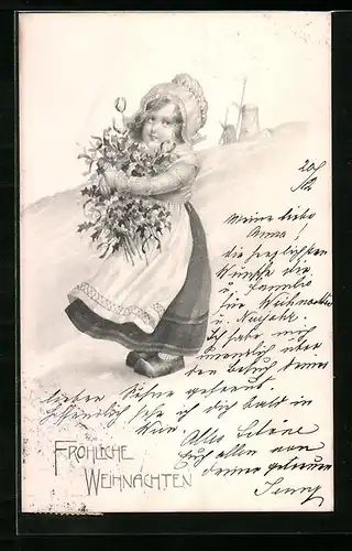Künstler-AK Theo Stroefer Serie 419 Nr. 1: Holländerin mit Blumen, Im Hintergrund Windmühle, Weihnachtsgruss