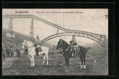 AK Bouillonville, Die von den Franzosen gesprengte Brücke und deutsche Soldaten zu Pferde