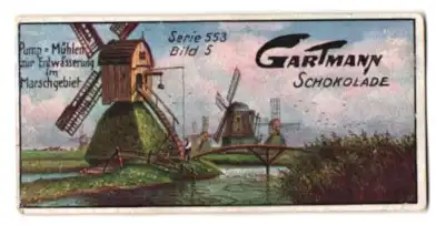 Sammelbild Gartmann Schokolade, Serie: 553, Bild 5, Uferschutz der deutschen Nordseeküste, Pumpmühlen im Marschgebiet