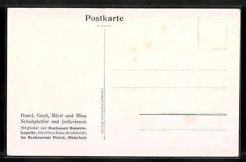 AK Schuhplattler und Jodlerinnen Hansl, Gretl, Mirzl und Mina, Dachauer Bauernkapelle