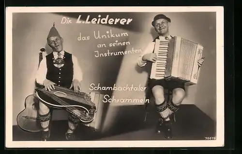 AK Schambachtaler Schrammeln, Dir. L. Leiderer, das Unikum an seinen Instrumenten