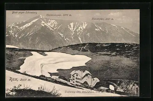 AK Erzherzog Otto Schutzhaus, Berghütte mit Blick gegen Schneeberg, Klosterwappen u. Kaiserstein, Rax