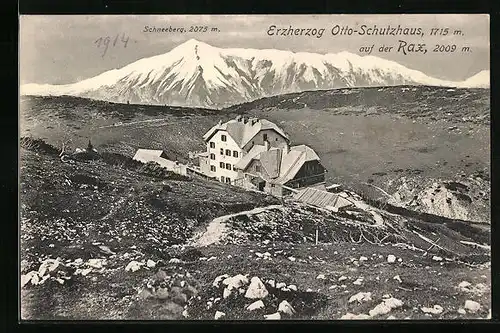 AK Erzherzog Otto-Haus, Berghütte auf der Rax mit Schneeberg