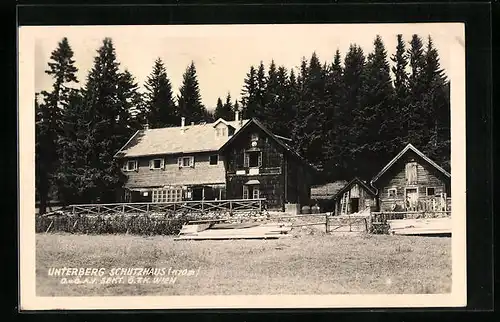 AK Unterberg Schutzhaus, Blick auf die Berghütte D. u. Ö. A. V. Sekt. Ö. T. K. Wien