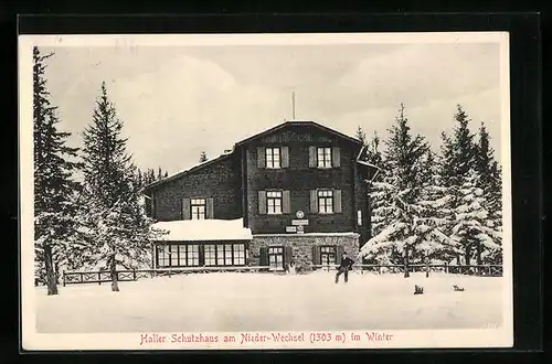 AK Haller Schutzhaus, Berghütte am Nieder-Wechsel im Winter