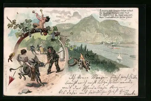 Lithographie Königswinter, Rheinpartie mit Drachenfels, Eselkampf