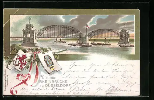 Künstler-AK Düsseldorf, Die neue Rheinbrücke mit Dampfern, Wappen von Düsseldorf und Crefeld