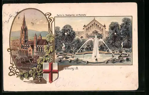 Lithographie Freiburg i. B., Partie im Stadtgarten mit Festhalle, Münster