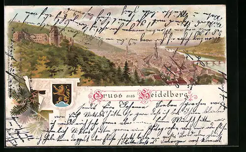 Lithographie Heidelberg, Teilansicht mit Wappen
