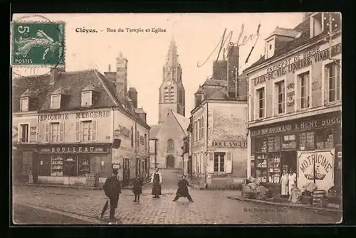 AK Cloyes, Rue du Temple et Eglise, Strassenpartie
