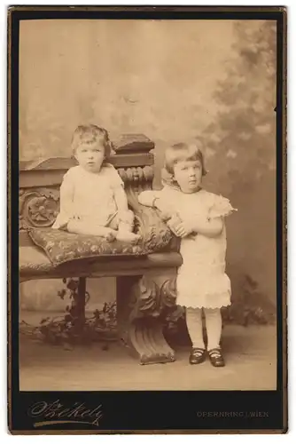 Fotografie Dr. Szekely, Wien, Opernring 1, Zwei kleine Kinder mit Ponyfrisuren in kurzärmeligen Kleidchen