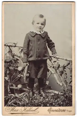 Fotografie Max Hähnel, Jahnsdorf /Erzgeb., Lächelnder Junge mit Spielzeugdampfer in Naturkulisse