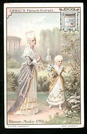Sammelbild Liebig, Damen-Moden, 1780, Mutter und Kind pflücken Blumen