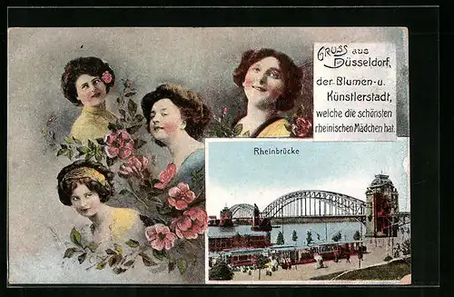 AK Düsseldorf, Rheinische Mädchen mit Blumen, Rheinbrücke mit Strassenbahn