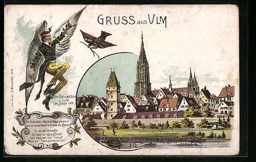 Lithographie Ulm, Schneider von Ulm und Ortsansicht vom Wasser aus