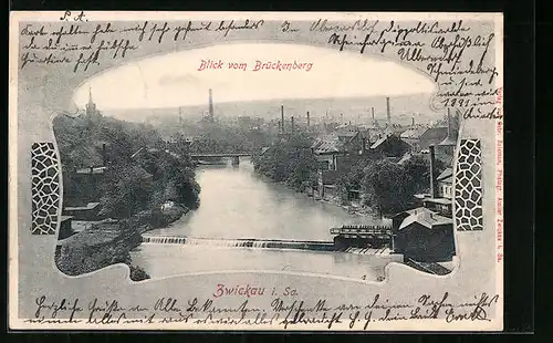 AK Zwickau /Sa., Blick vom Brückenberg, mit Wehr