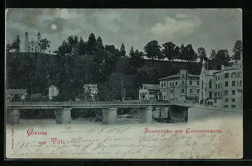 Mondschein-AK Tölz, Isarbrücke mit Calvarienberg