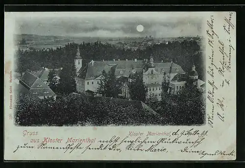 Mondschein-AK Kloster Marienthal, Ansicht des Klosters mit Bäumen