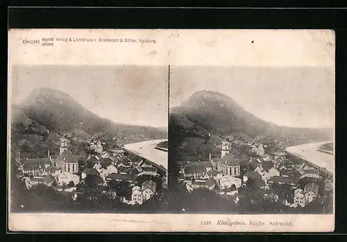 Stereo-AK Königstein /Sächsische Schweiz, Ortsansicht mit Festung und Elbe