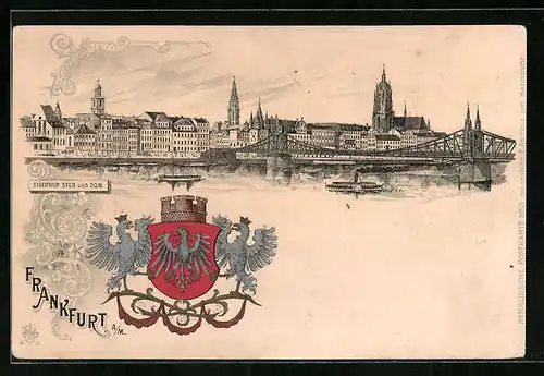 Lithographie Alt-Frankfurt, Eiserner Steg und Dom mit Dampfschiffen und Stadtwappen