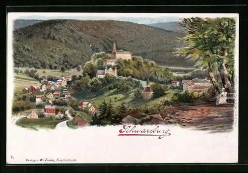 AK Schwarzburg, Ortsansicht mit Hügeln