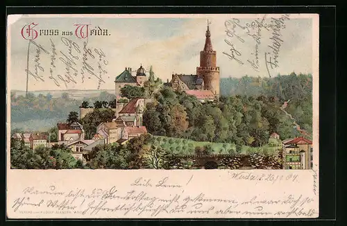 Lithographie Weida, Ortsansicht mit Osterburg