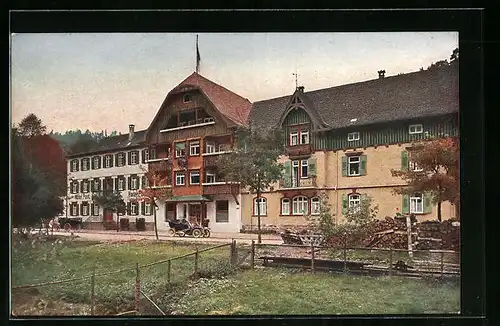 AK Schönmünzach /Schwarzwald, Hotel zur Post, davor ein Automobil