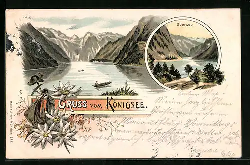 Lithographie Königsee, Panorama, Blick über den Obersee