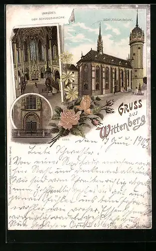 Lithographie Wittenberg, Schlosskirche, Thesenthür, Innenansicht